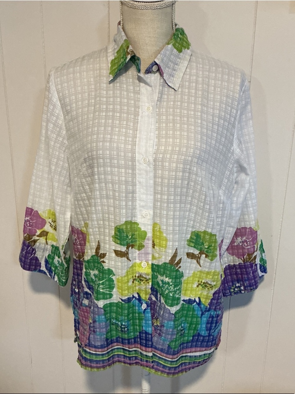 White Floral Button-Up Blouse with Green and Purple Accents